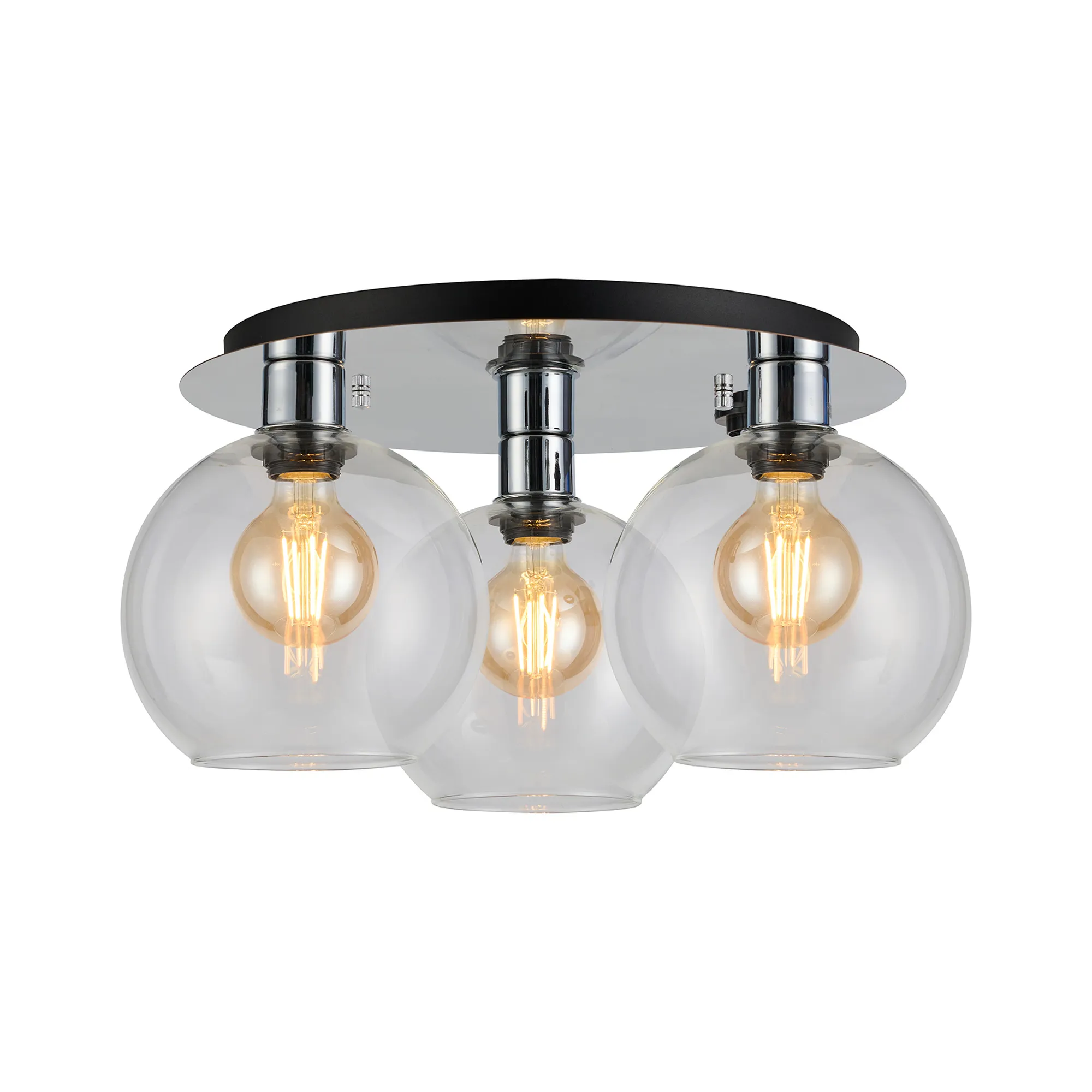 DK1344  Lori 40cm Round Ceiling Flush, 3 Light Flush Fitting, Polished Chrome/Clear Open Mouth Round Globe Shades